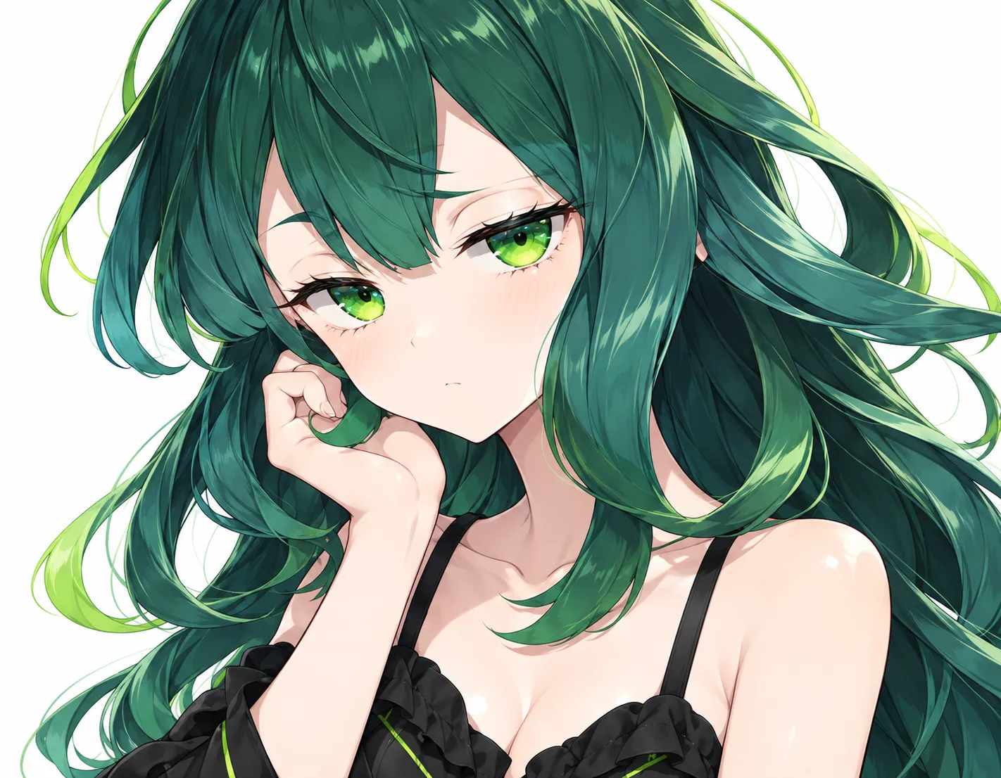 宮うつつ — Miya Utsutsu, with dark teal hair and lime green eyes